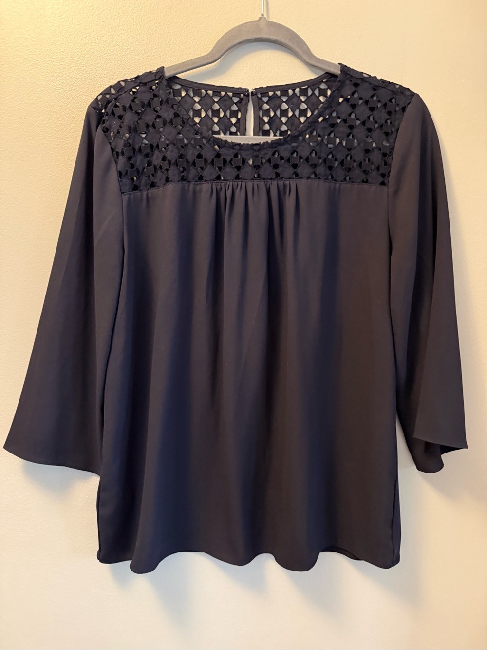 Ann Taylor Navy Crochet Yoke Peasant Blouse